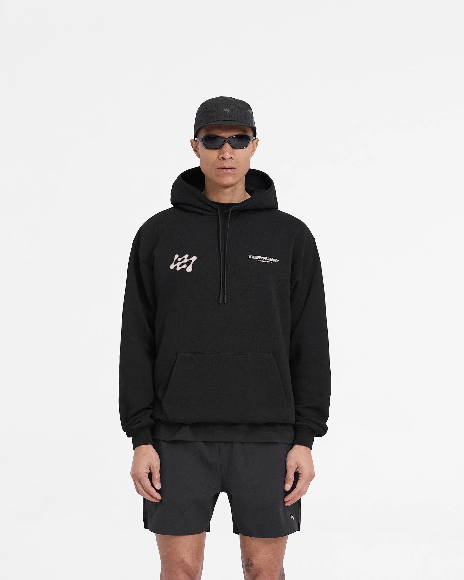 Embroidered Logo Minimal Layers 247 Future Terrains Oversized Hoodie - Black