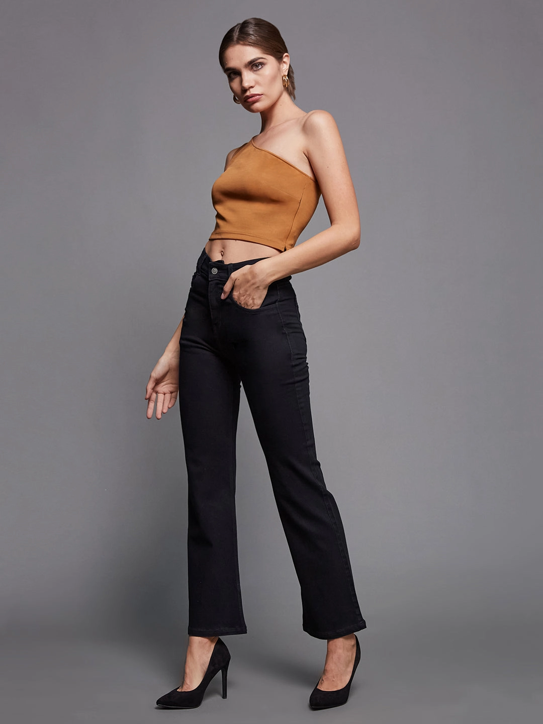 24/7 Comfort Black Bell-Bottom Bootcut High-Rise Stretchable Denim Jeans Fade Resistant Finish premium design