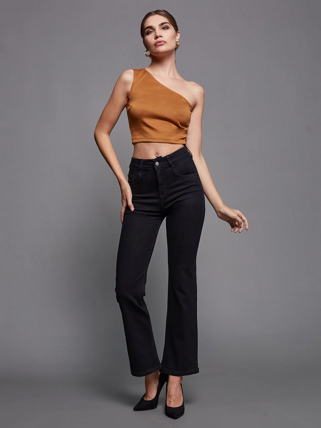24/7 Comfort Black Bell-Bottom Bootcut High-Rise Stretchable Denim Jeans Stretch Minimalist