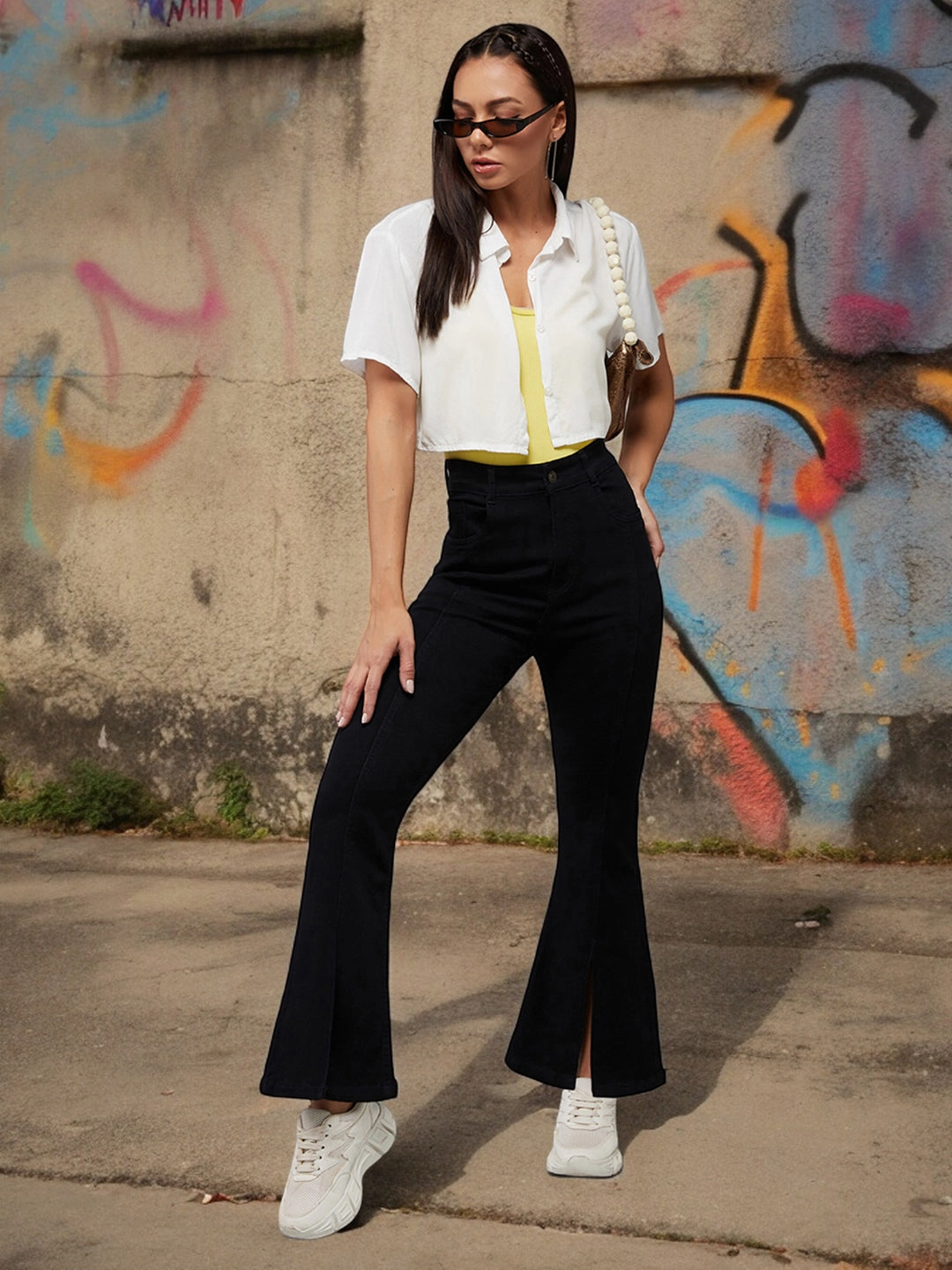 24/7 Comfort Black Bell-Bottom Bootcut Hourglass High-Rise Stretchable Slit Denim Jeans All-Purpose Use Weekend Style Stretch Bold Look