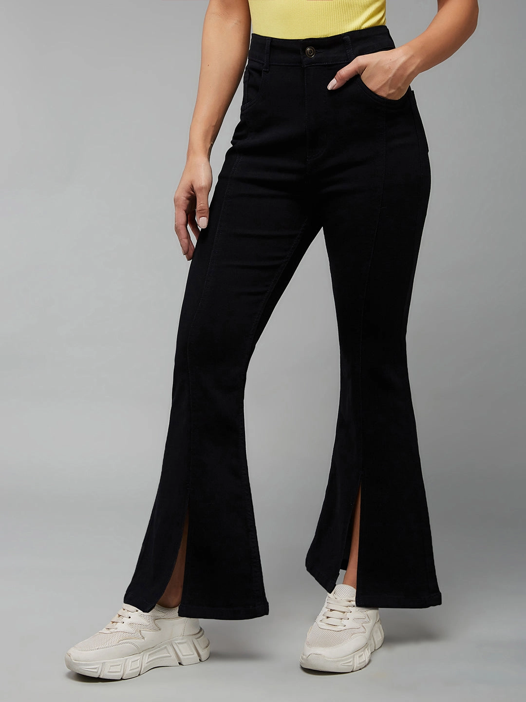 24/7 Comfort Black Bell-Bottom Bootcut Hourglass High-Rise Stretchable Slit Denim Jeans Trend Setter Smart Casual Classic Wear