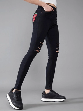 24/7 Comfort Black High-Rise Mild Distress Stretchable Denim Jeans Textured Bold