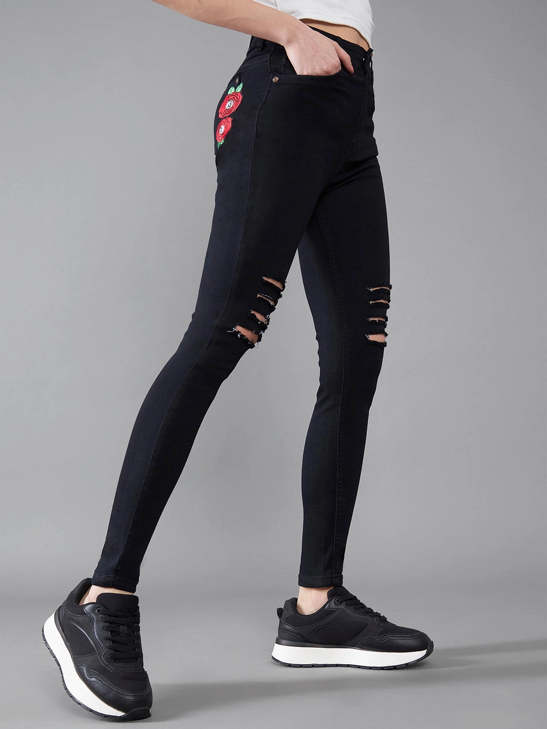 24/7 Comfort Black High-Rise Mild Distress Stretchable Denim Jeans Textured Bold