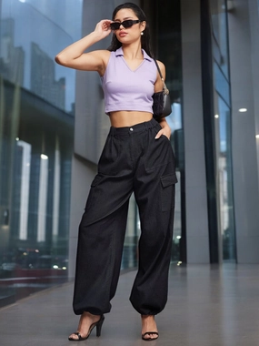 Crisp Look 24/7 Comfort Black High-Rise Stretchable Light Weight Cotton Blend Denim Parachute Pants