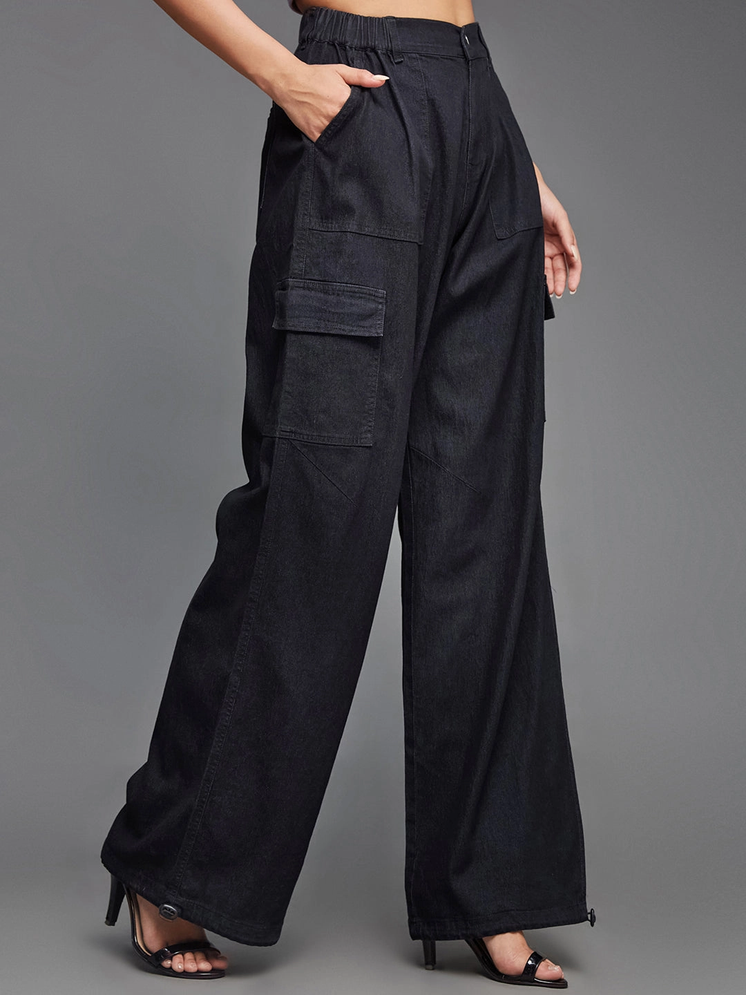 24/7 Comfort Black High-Rise Stretchable Light Weight Cotton Blend Denim Parachute Pants Work Ready Neutral
