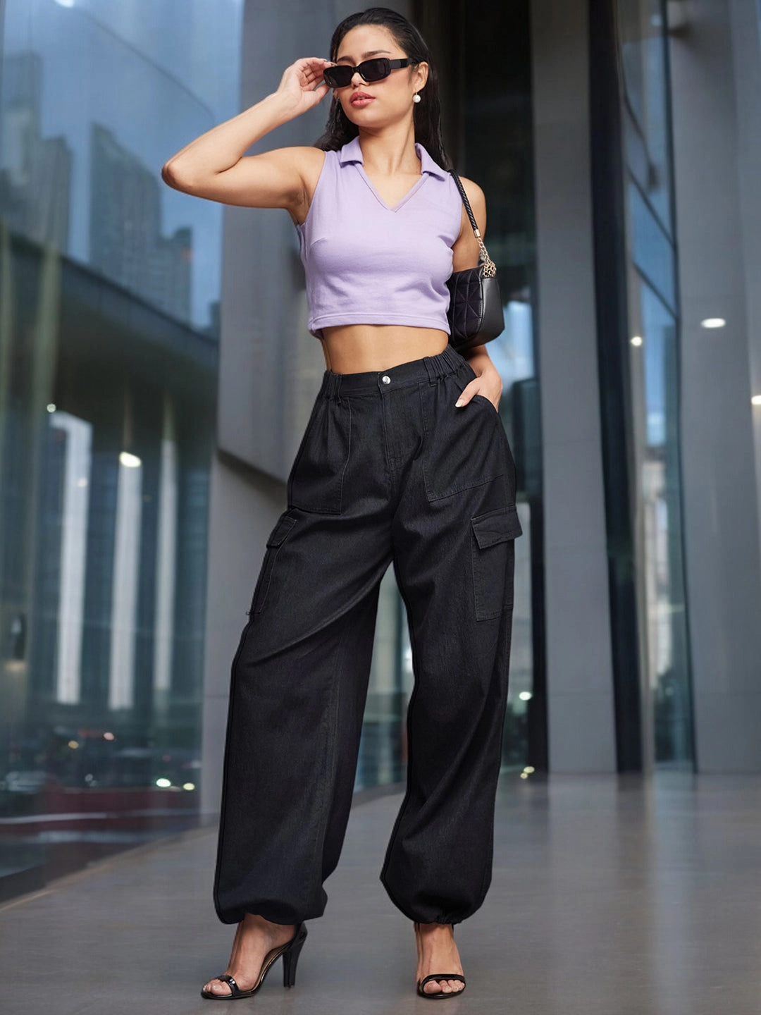 Crisp Look 24/7 Comfort Black High-Rise Stretchable Light Weight Cotton Blend Denim Parachute Pants