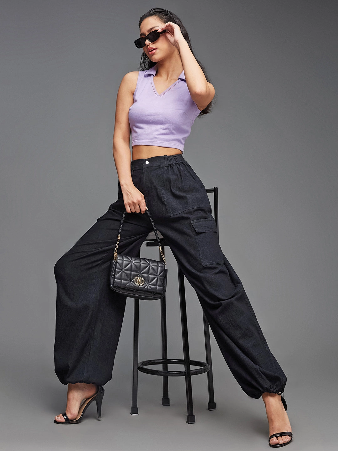 Road Trip Bold Look Smart Casual Weekend Warrior Earthy 24/7 Comfort Black High-Rise Stretchable Light Weight Cotton Blend Denim Parachute Pants