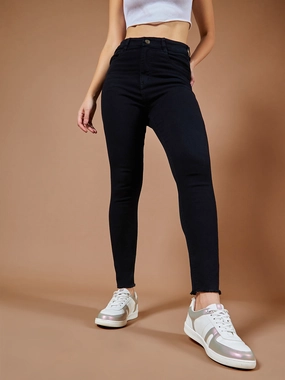 Staple Piece 24/7 Comfort Black Skinny Fringed Detailing High-Rise Clean-Look Solid Cropped Stretchable Denim Jeans