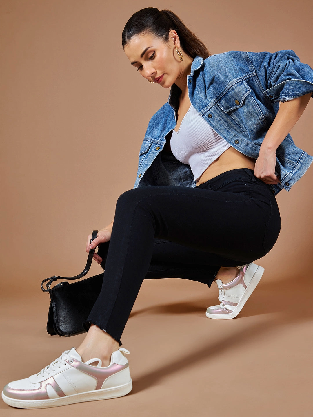 24/7 Comfort Black Skinny Fringed Detailing High-Rise Clean-Look Solid Cropped Stretchable Denim Jeans Premium Professional Wear Unisex Wear