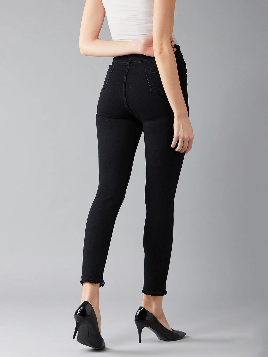 Always Needed Casual Luxury Winter Warmth 24/7 Comfort Black Skinny Fringed Detailing High-Rise Clean-Look Solid Cropped Stretchable Denim Jeans