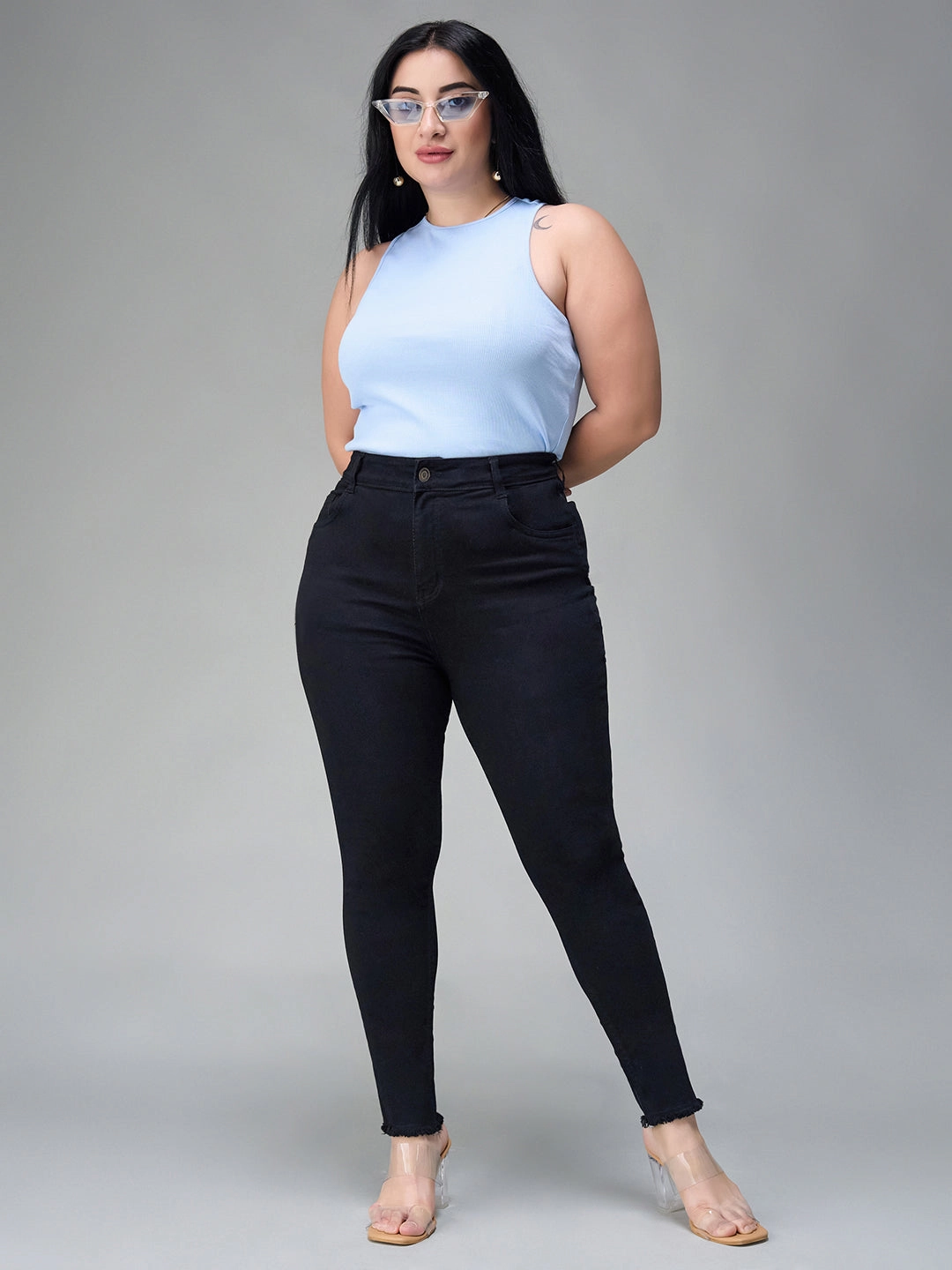 Go Out Style 24/7 Comfort Black Skinny Fringed Detailing High-Rise Solid Cropped Stretchable Denim Jeans