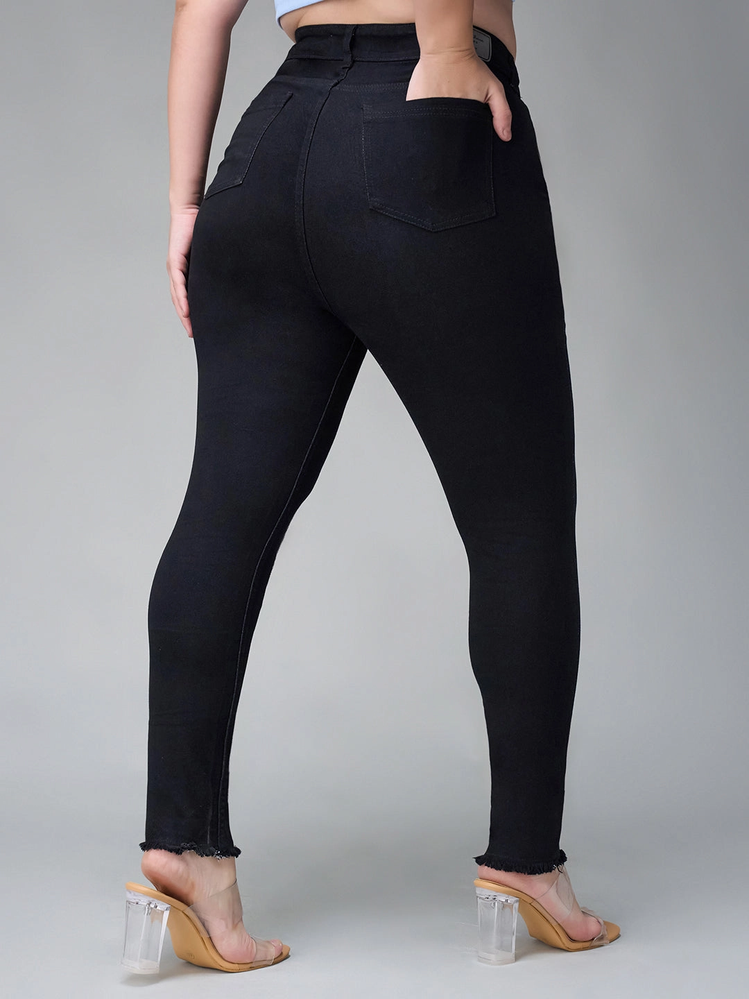 24/7 Comfort Black Skinny Fringed Detailing High-Rise Solid Cropped Stretchable Denim Jeans Easy Pair Spring Mood Office Wear Minimalist