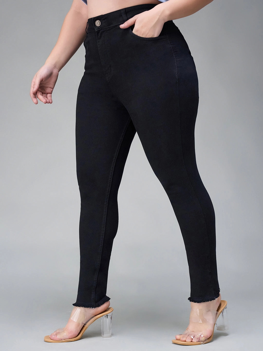 24/7 Comfort Black Skinny Fringed Detailing High-Rise Solid Cropped Stretchable Denim Jeans Tailored Cut Soft Fabric