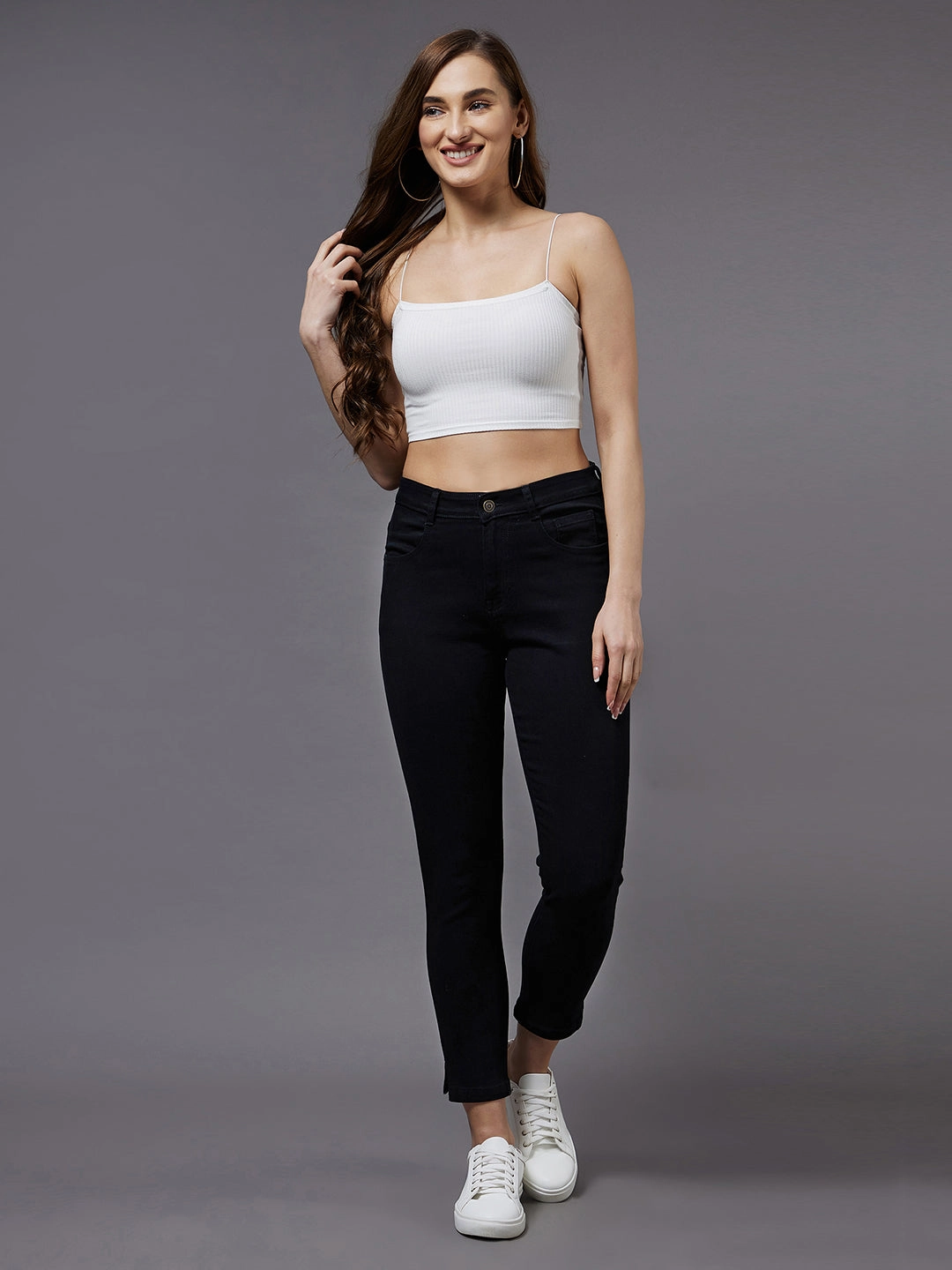 Perfect Waistband Everyday Eco Friendly Earthy 24/7 Comfort Black Skinny High-Rise Clean-Look Cropped Stretchable Denim Jeans