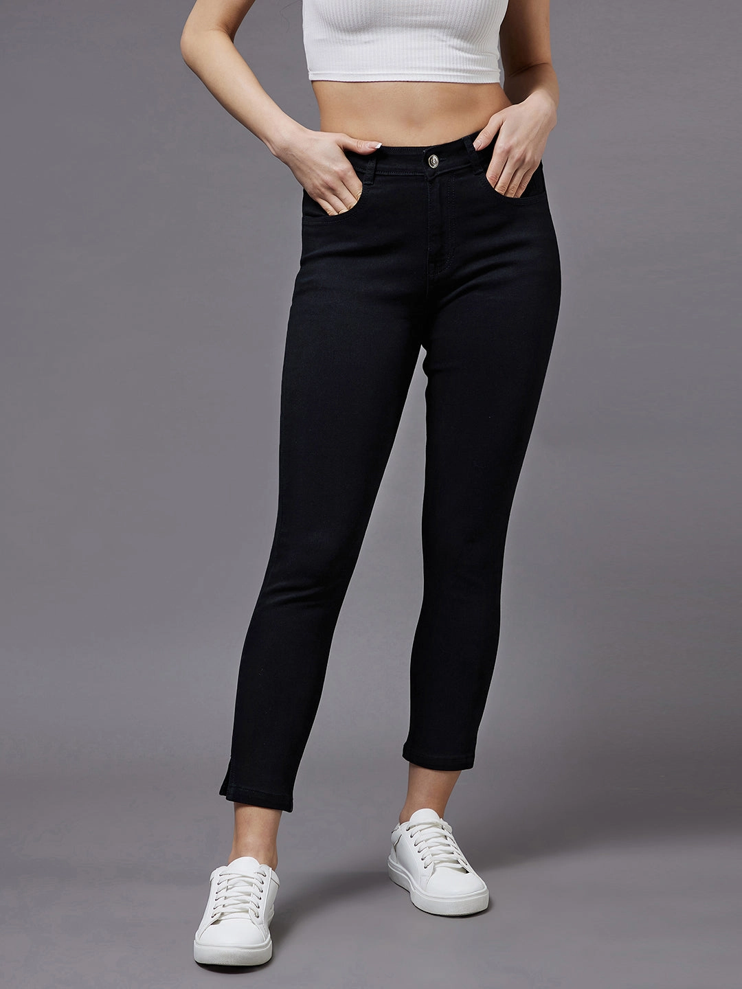 Formal City Walk Party Look 24/7 Comfort Black Skinny High-Rise Clean-Look Cropped Stretchable Denim Jeans