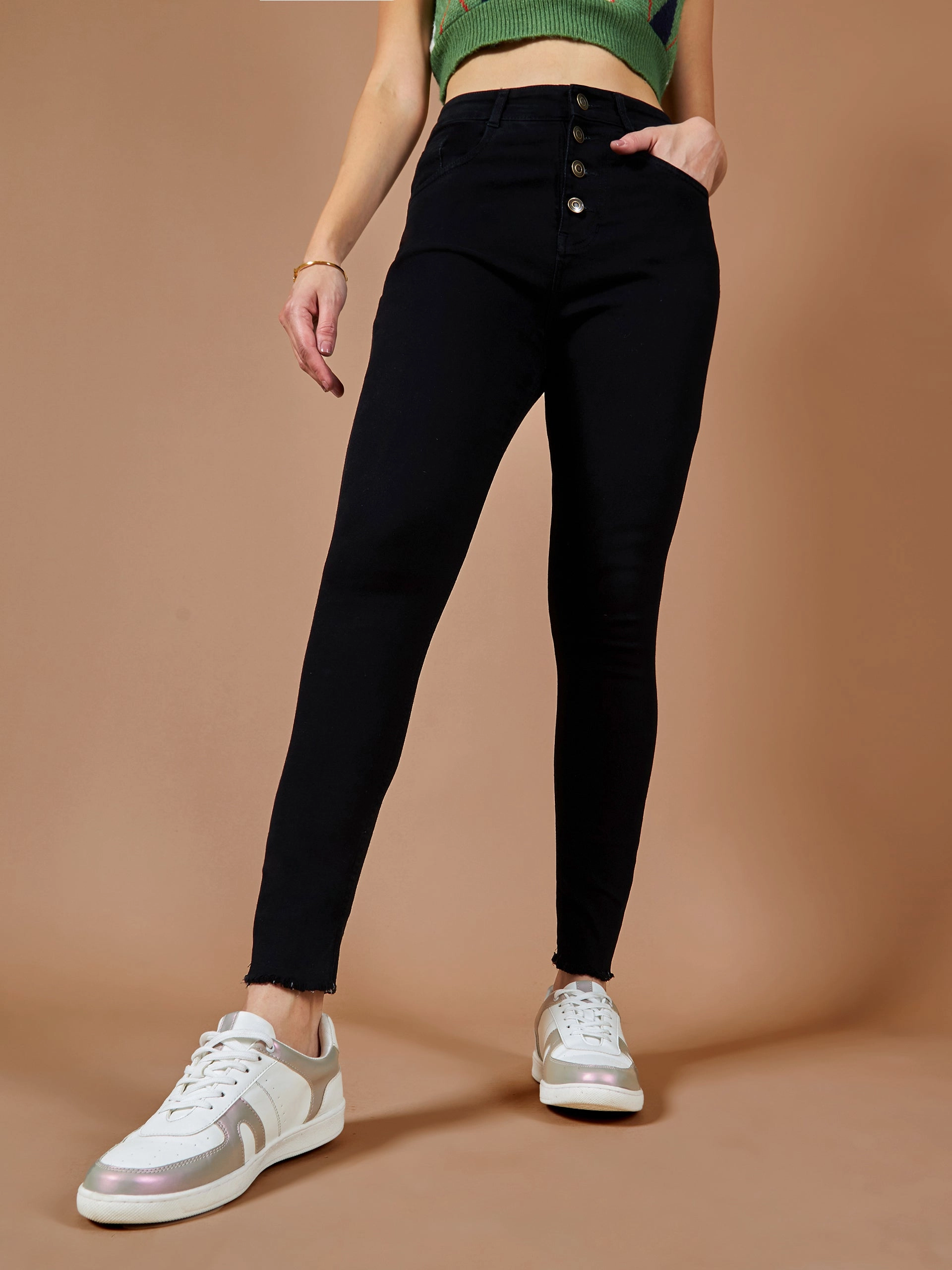 24/7 Comfort Black Skinny High-Rise Cropped Fringed Hemline Solid Stretchable Denim Jeans Breathable Lining Date Night Summer Vibes