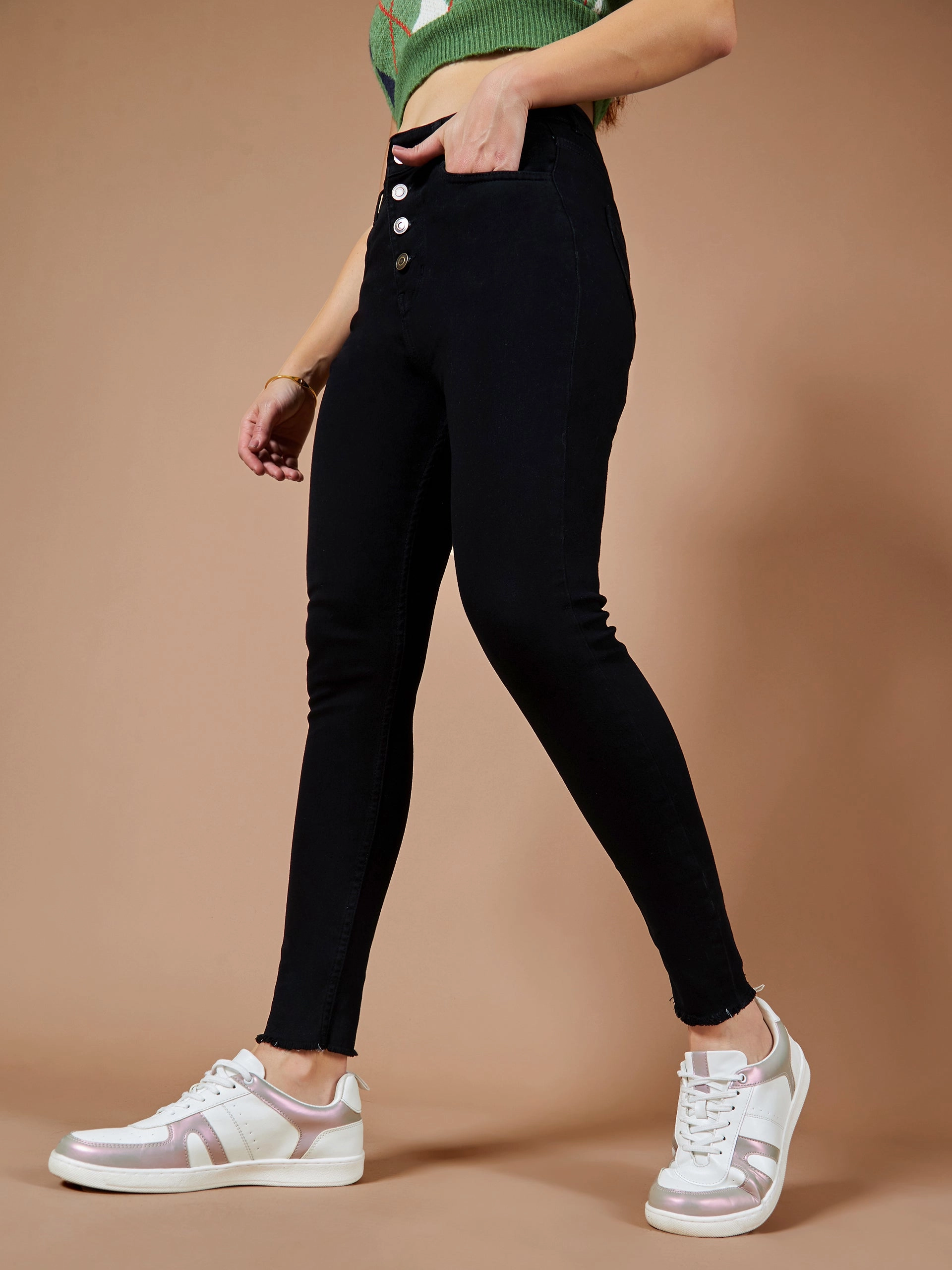24/7 Comfort Black Skinny High-Rise Cropped Fringed Hemline Solid Stretchable Denim Jeans Nature Lover Shopping Day Everyday