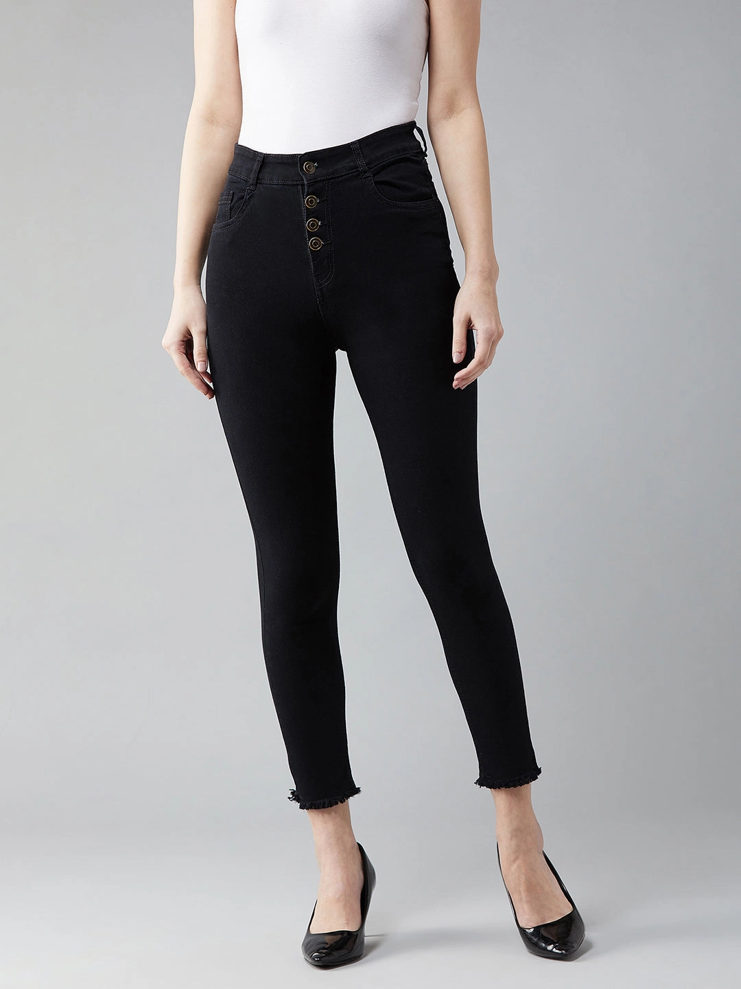 24/7 Comfort Black Skinny High-Rise Cropped Fringed Hemline Stretchable Denim Jeans Stylish Cut