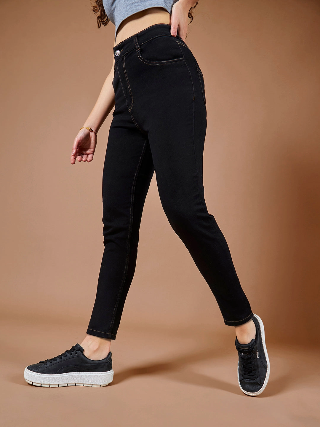 Crosshatch Stitching Stretch Free Fit 24/7 Comfort Black Skinny High-Rise Stretchable Denim Jeans