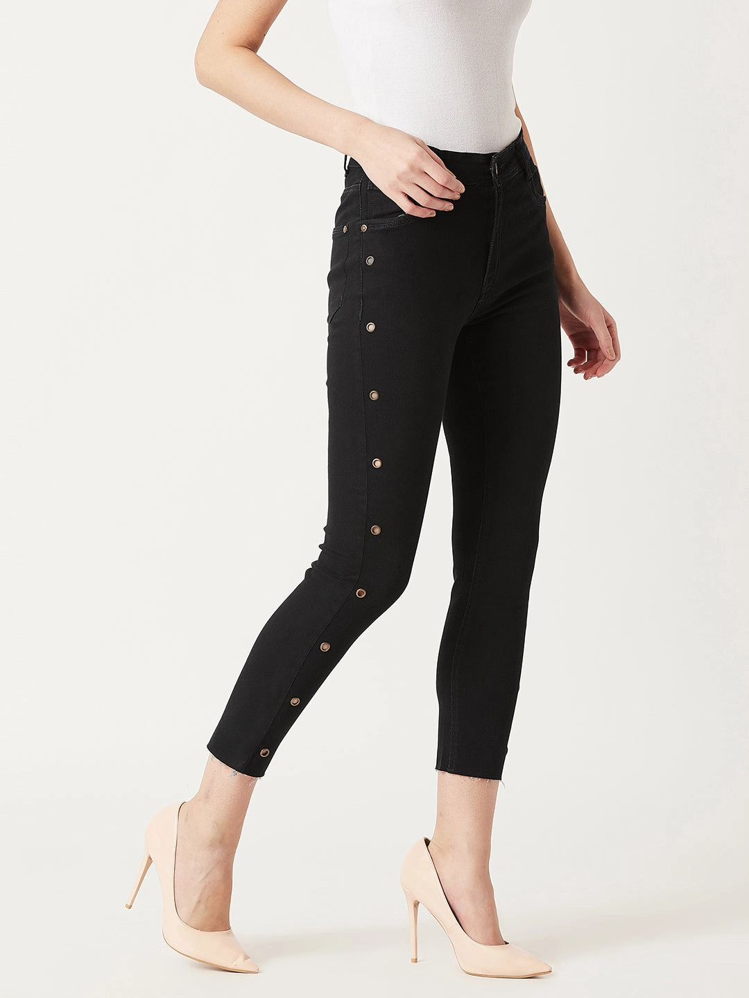 24/7 Comfort Black Slim-Fit Cropped-Length Eyelet Detailing High-Rise Denim Jeans Everyday Comfort