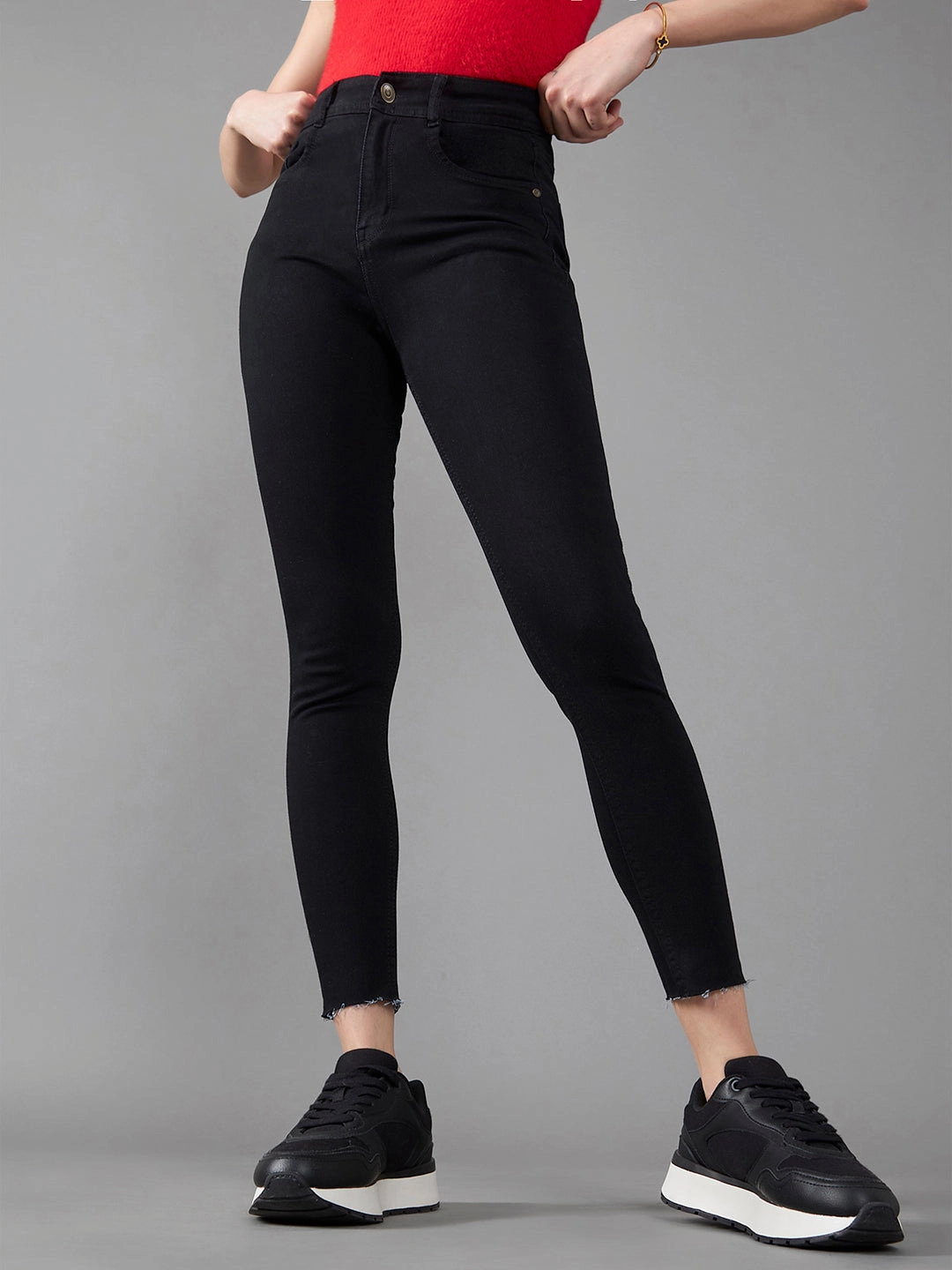 24/7 Comfort Black Slim-Fit High-Rise Cropped-Length Stretchable Denim Jeans Faded Wash