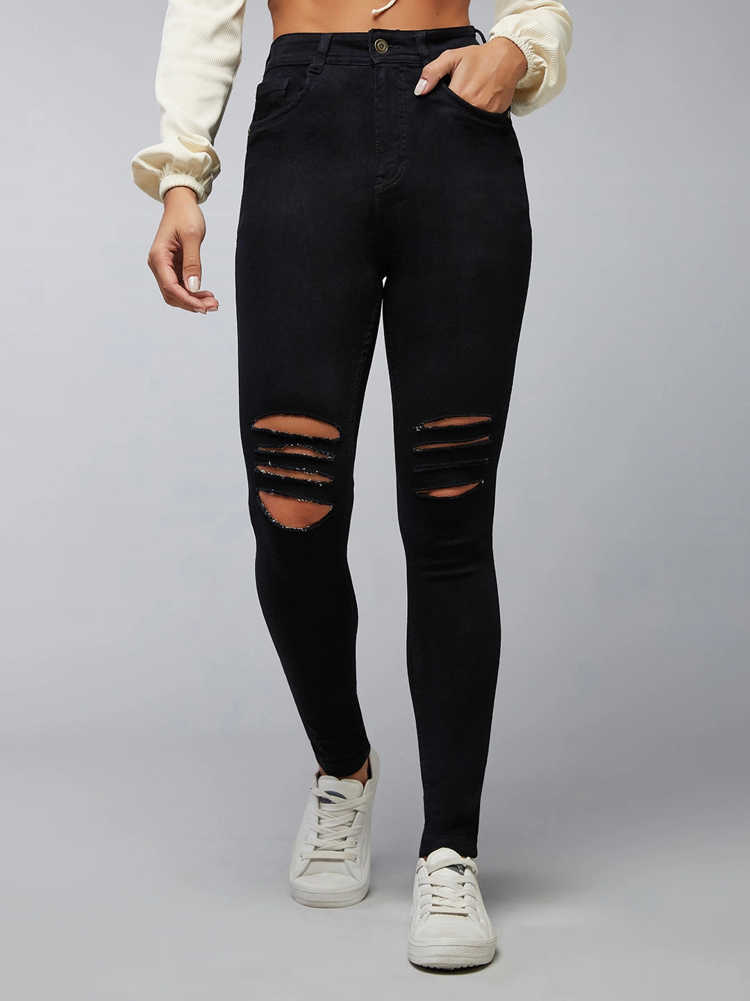 Everyday Use 24/7 Comfort Black Slim-Fit High-Rise Mild Distressed Ripped Stretchable Denim Jeans