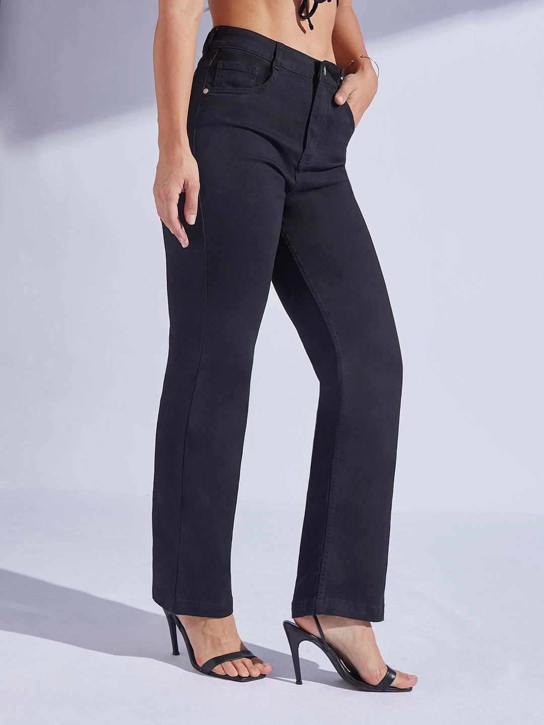 24/7 Comfort Black Straight-Fit High-Rise Regular-Length Stretchable Denim Jeans Simple Utility Eco Friendly Dye