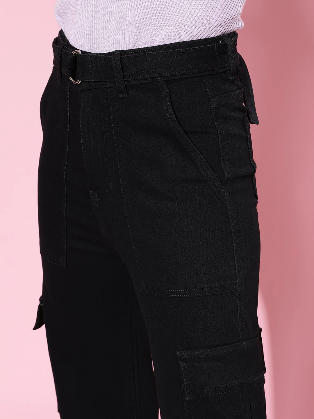 Brushed Interior 24/7 Comfort Black Wide-Leg Cargo High-Rise Stretchable Denim Jeans