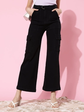 Office Wear Trendy Home Comfort Rugged Construction 24/7 Comfort Black Wide-Leg Cargo High-Rise Stretchable Denim Jeans
