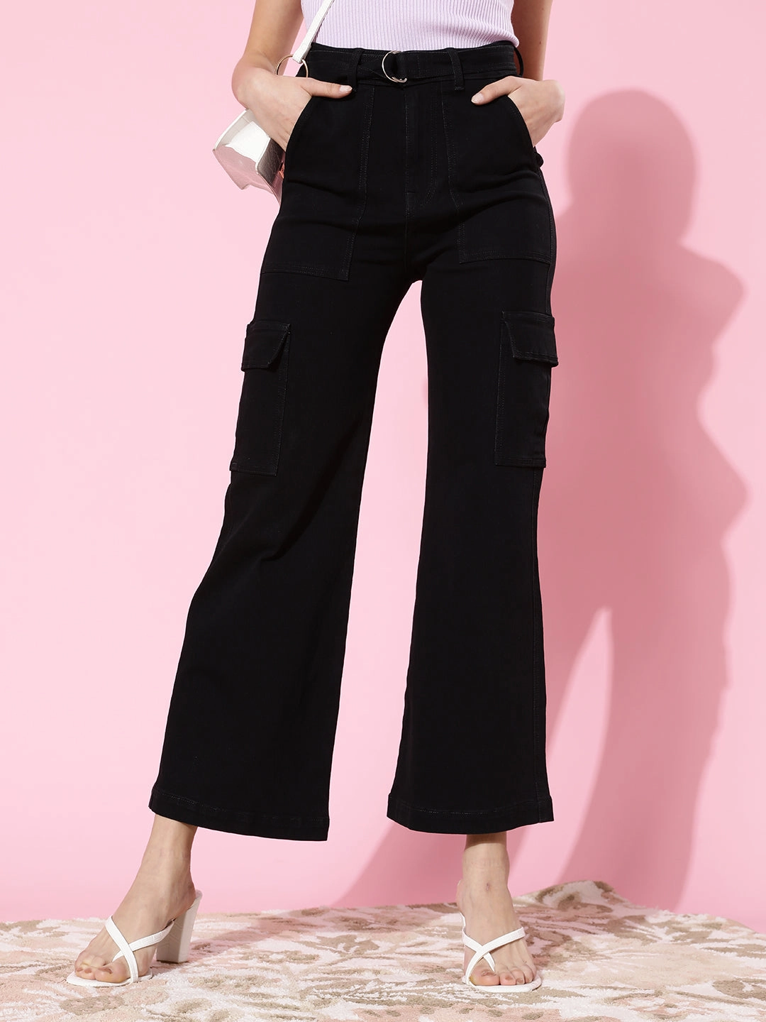 Office Wear Trendy Home Comfort Rugged Construction 24/7 Comfort Black Wide-Leg Cargo High-Rise Stretchable Denim Jeans
