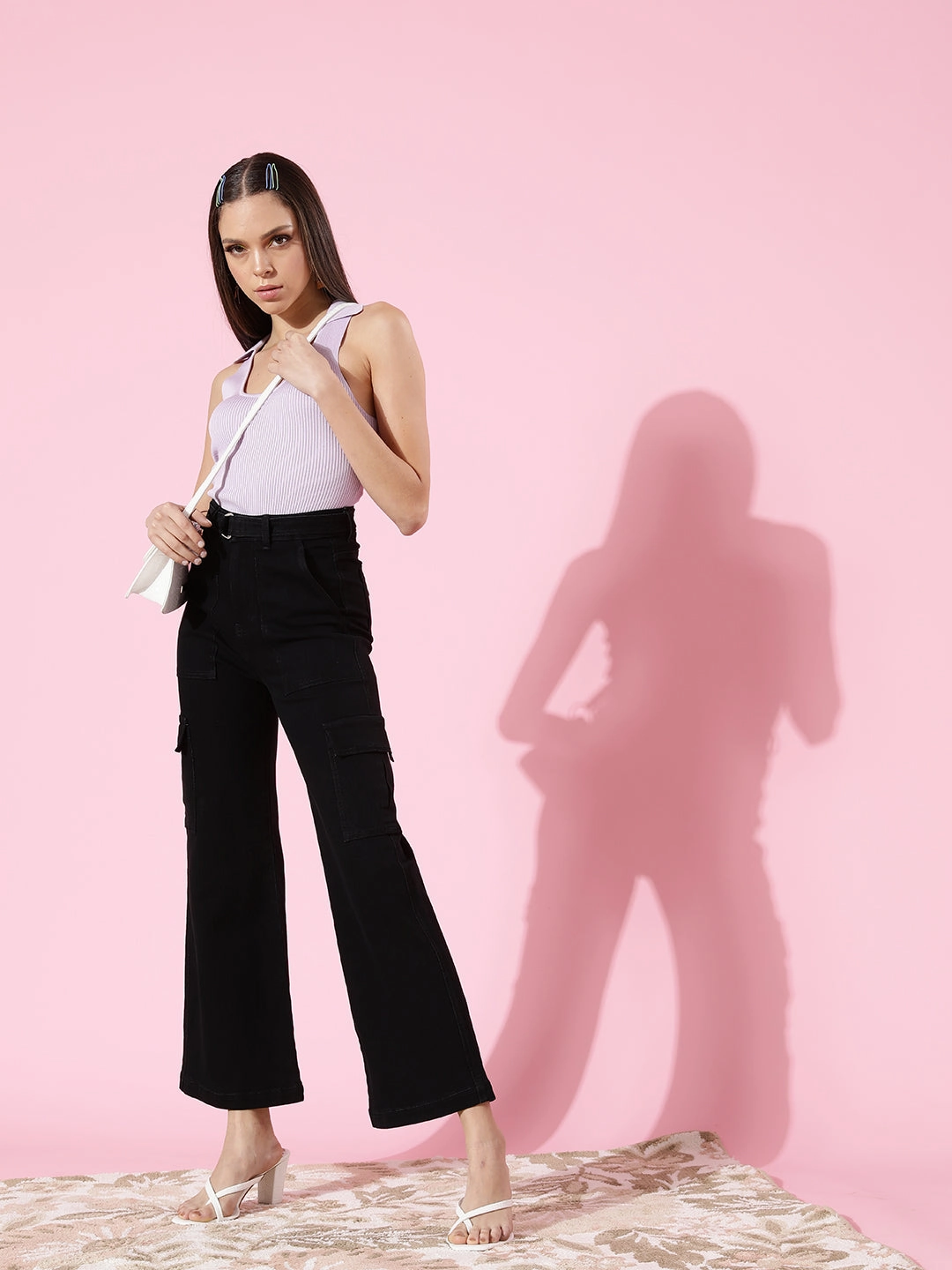 Stretch Enhanced Mobility Fashion Lover Youth Style Smooth 24/7 Comfort Black Wide-Leg Cargo High-Rise Stretchable Denim Jeans