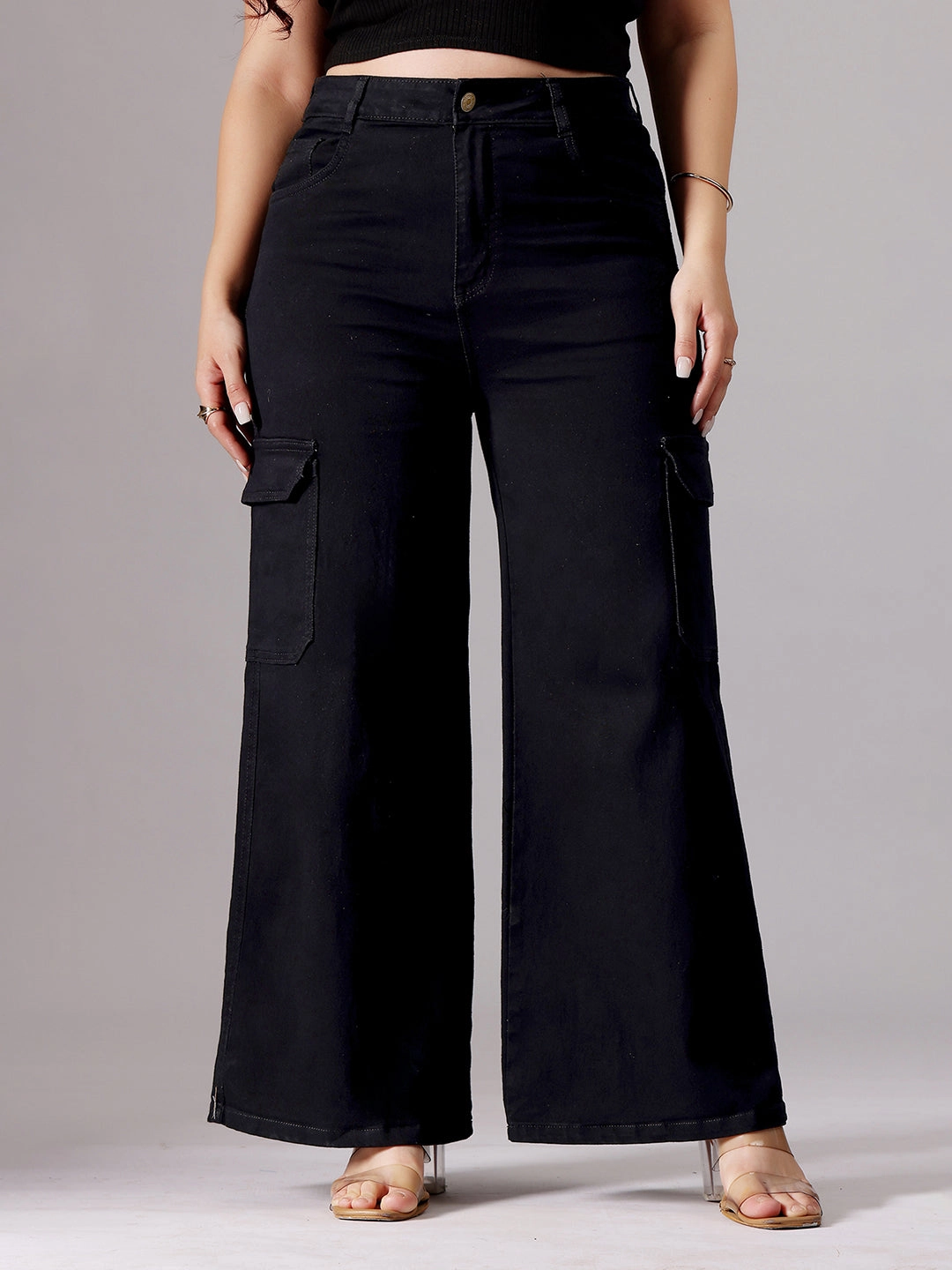 Fast Match Trendy Evening Stroll 24/7 Comfort Black Wide-Leg High-Rise Clean-Look Patch Pocketed Regular Stretchable Denim Jeans