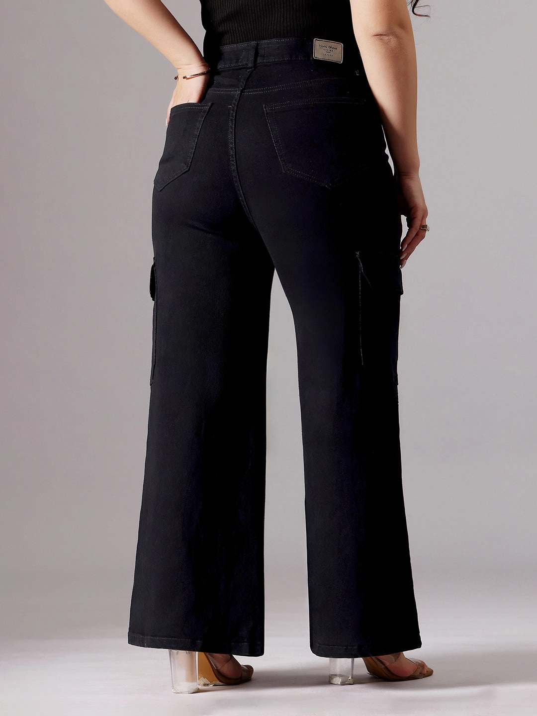 Trusted Outfit 24/7 Comfort Black Wide-Leg High-Rise Clean-Look Patch Pocketed Regular Stretchable Denim Jeans