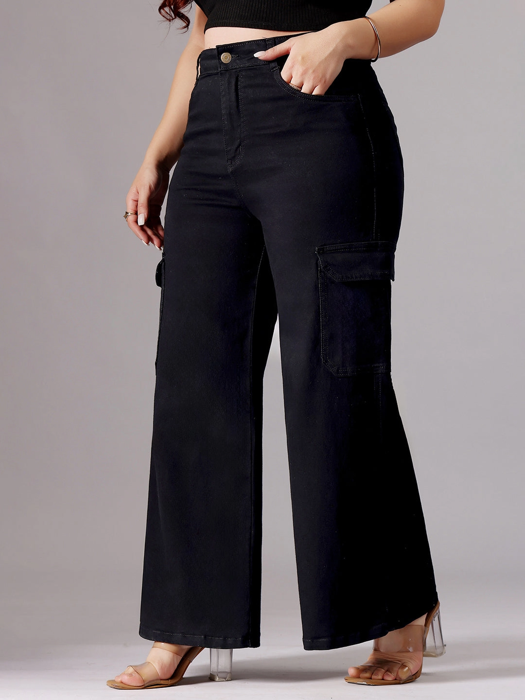 Flattering Waist Easy Outfit 24/7 Comfort Black Wide-Leg High-Rise Clean-Look Patch Pocketed Regular Stretchable Denim Jeans