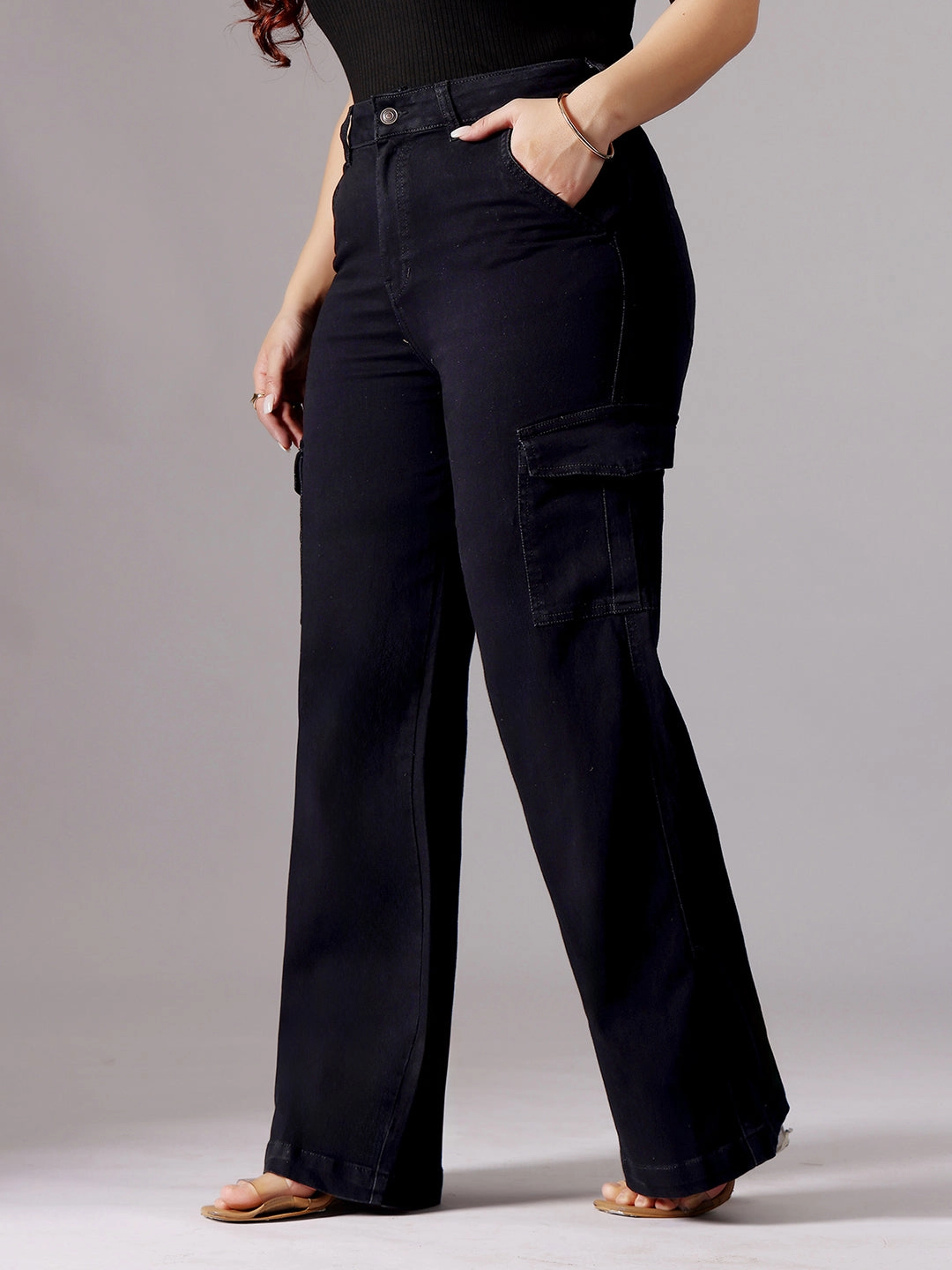 24/7 Comfort Black Wide-Leg High-Rise Clean-Look Regular-Length Stretchable Denim Jeans Contemporary Wear Daily Driven