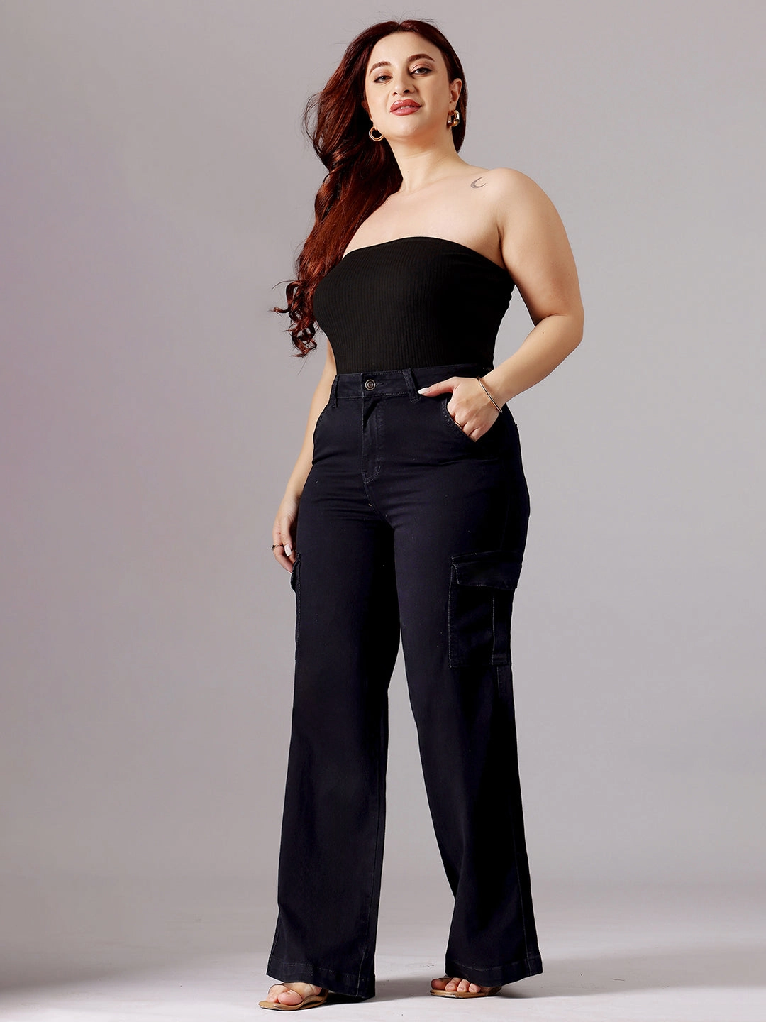 24/7 Comfort Black Wide-Leg High-Rise Clean-Look Regular-Length Stretchable Denim Jeans Shopping Day High Quality Weekend Style