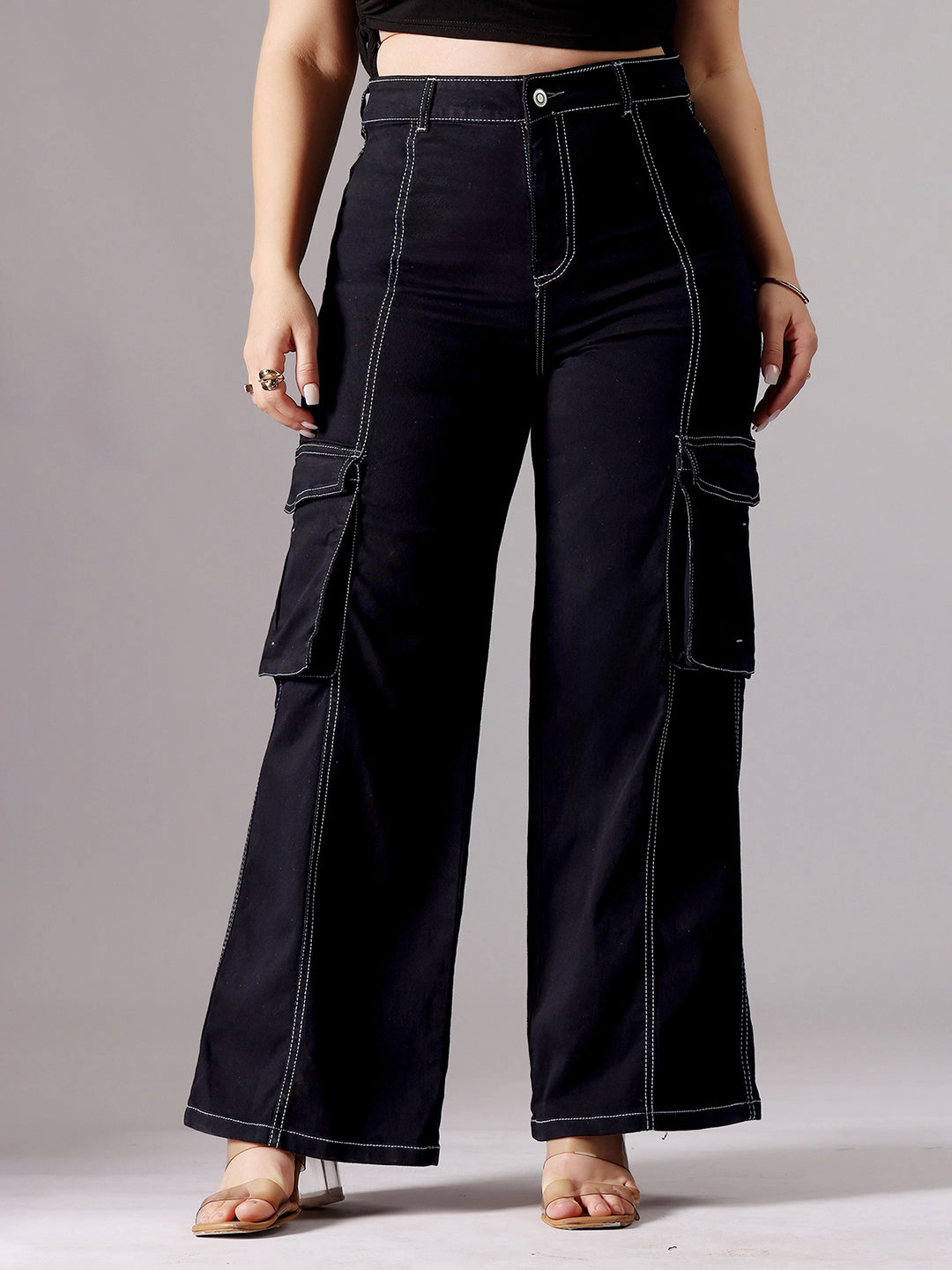 Rainy Day Winter Warmth Autumn Days 24/7 Comfort Black Wide-Leg High-Rise Clean-Look Regular-Length Stretchable Patch-Pocketed Denim Jeans