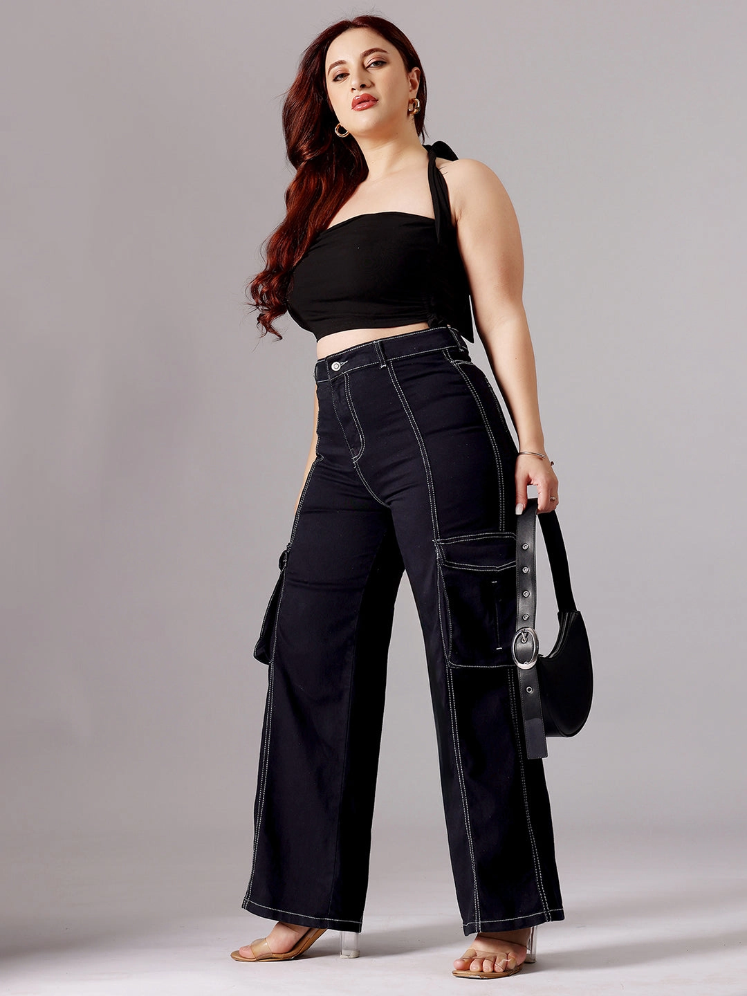 No Iron Wear 24/7 Comfort Black Wide-Leg High-Rise Clean-Look Regular-Length Stretchable Patch-Pocketed Denim Jeans