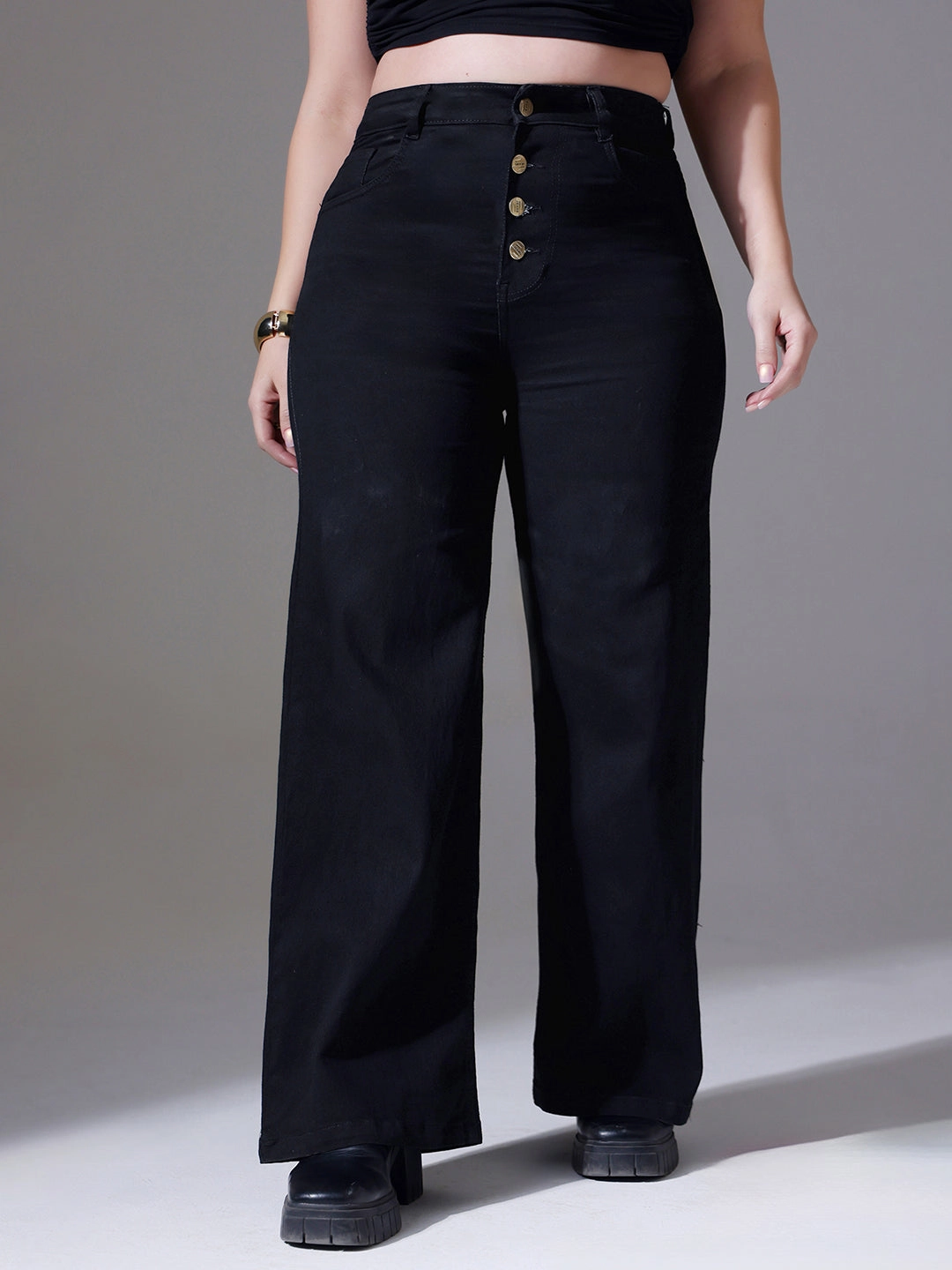 Youth Outfit All Round Fit 24/7 Comfort Black Wide-Leg High-Rise Clean-Look Regular Stretchable Denim Jeans