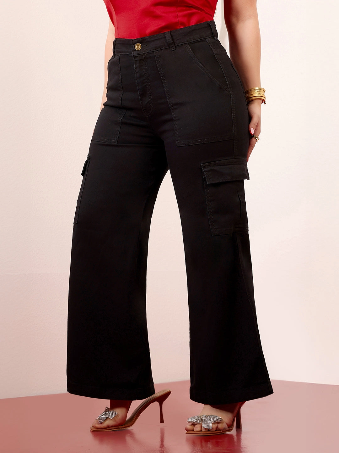 24/7 Comfort Black Wide-Leg High-Rise Clean-Look Stretchable Denim Cargo Jeans Sharp Comfort