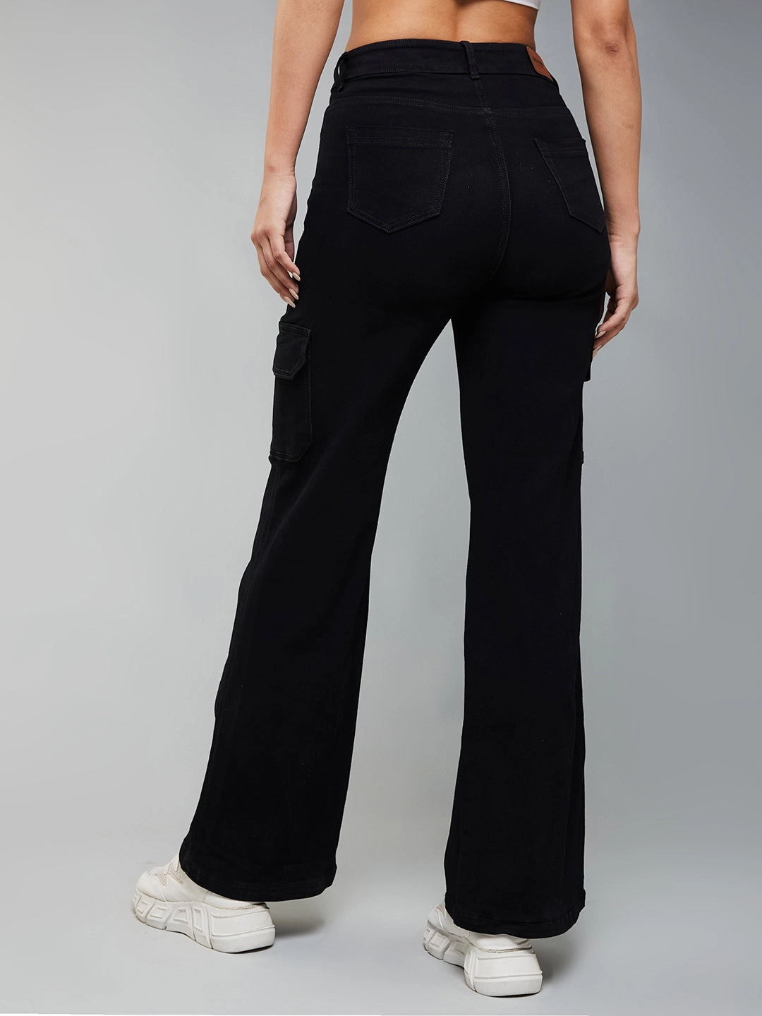 24/7 Comfort Black Wide-Leg High-Rise Patch Pocketed Stretchable Denim Jeans Soft Wash Treatment