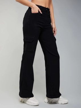24/7 Comfort Black Wide-Leg High-Rise Patch Pocketed Stretchable Denim Jeans Multi Layer Knee Reinforcement