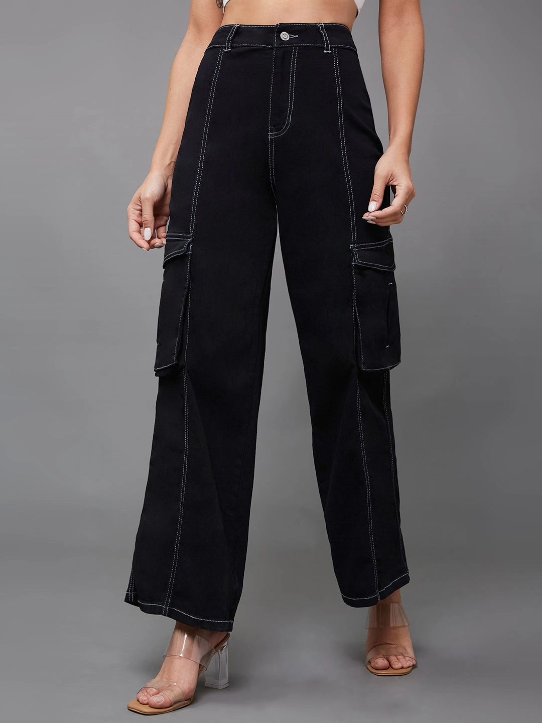 24/7 Comfort Black Wide-Leg High-Rise Stretchable Cargo Denim Jeans Shrink Resistant Denim Relaxed Look