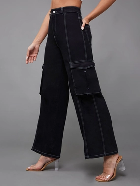 City Ready 24/7 Comfort Black Wide-Leg High-Rise Stretchable Cargo Denim Jeans