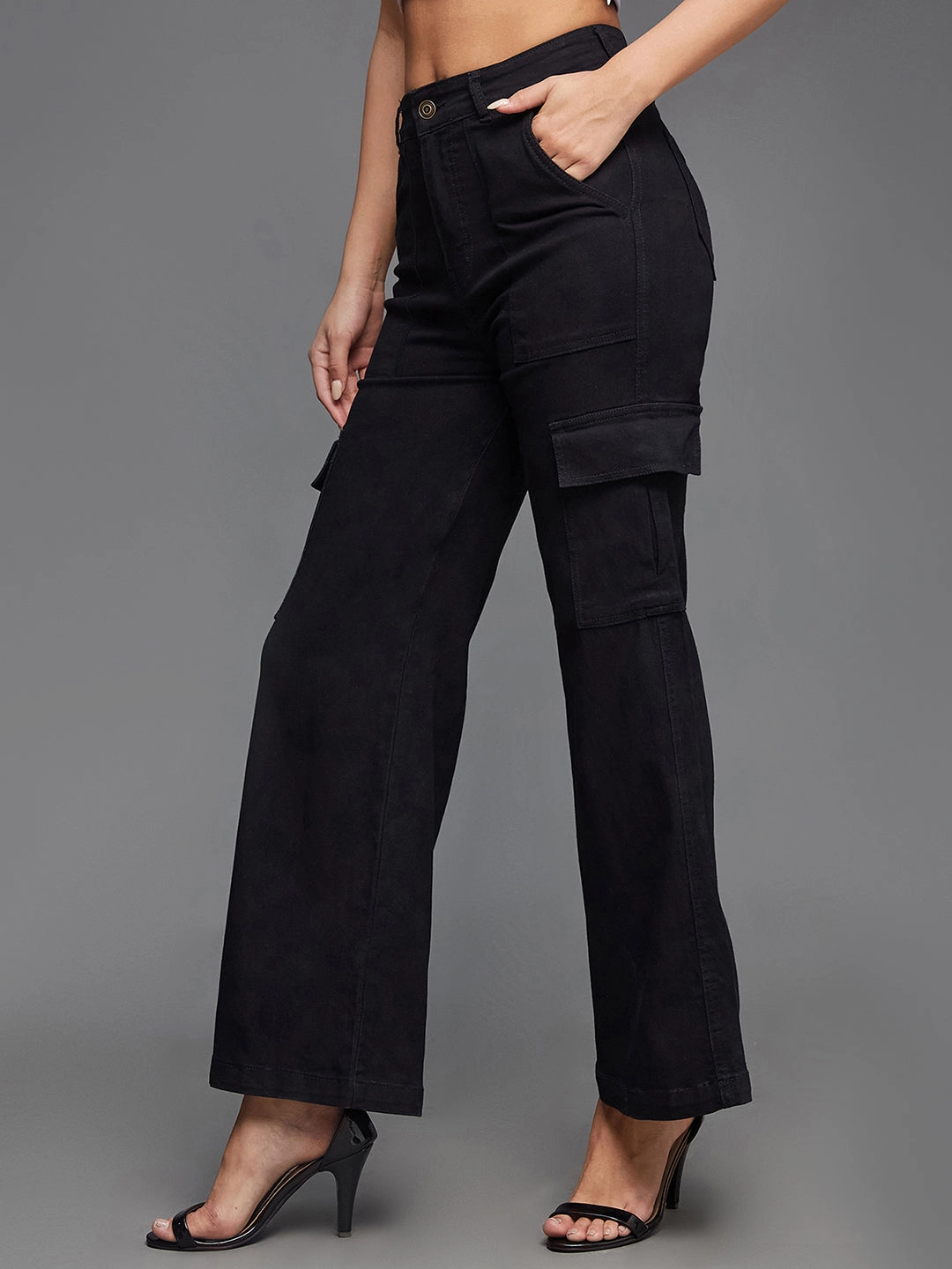 24/7 Comfort Black Wide-Leg High-Rise Stretchable Denim Cargo Jeans Breathable Feel
