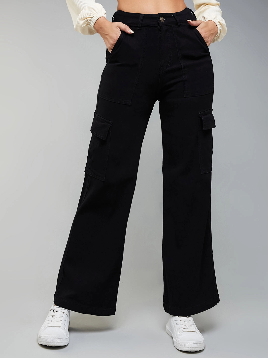 24/7 Comfort Black Wide-Leg High-Rise Stretchable Denim Cargo Jeans Fray Resistant Hem