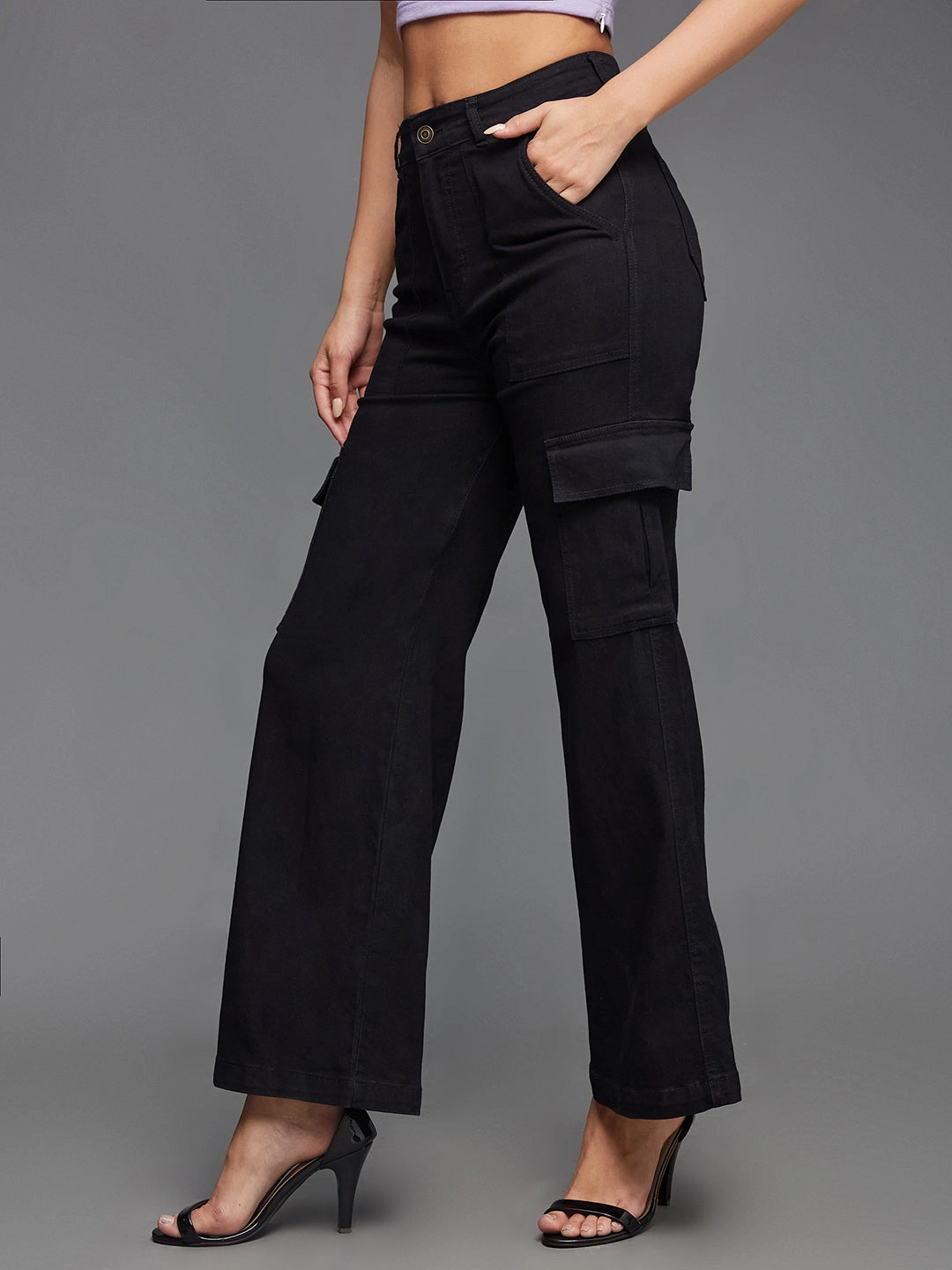 24/7 Comfort Black Wide-Leg High-Rise Stretchable Denim Cargo Jeans Smart Casual Spring Mood Formal