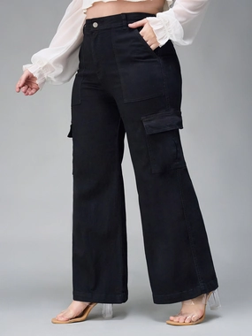 24/7 Comfort Black Wide-Leg High-Rise Stretchable Denim Cargo Jeans Minimalist Styling Winter Warmth Durable