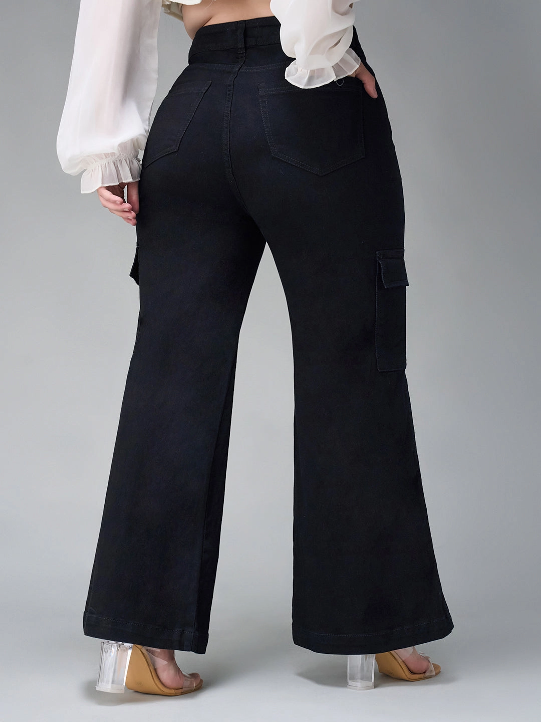 Premium Elegant 24/7 Comfort Black Wide-Leg High-Rise Stretchable Denim Cargo Jeans