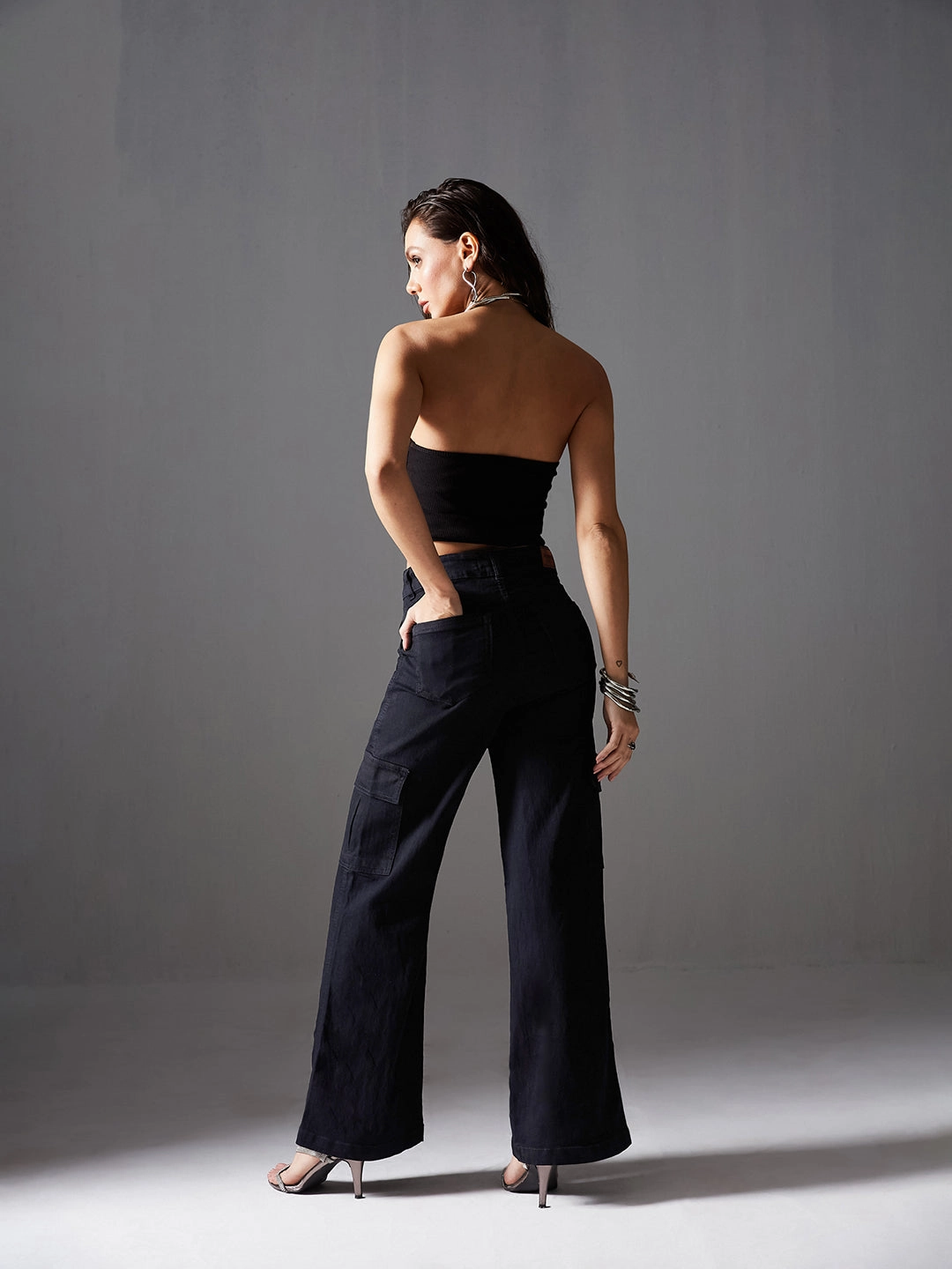 Year Round Eco Friendly Date Night 24/7 Comfort Black Wide-Leg High-Rise Stretchable Denim Cargo Jeans